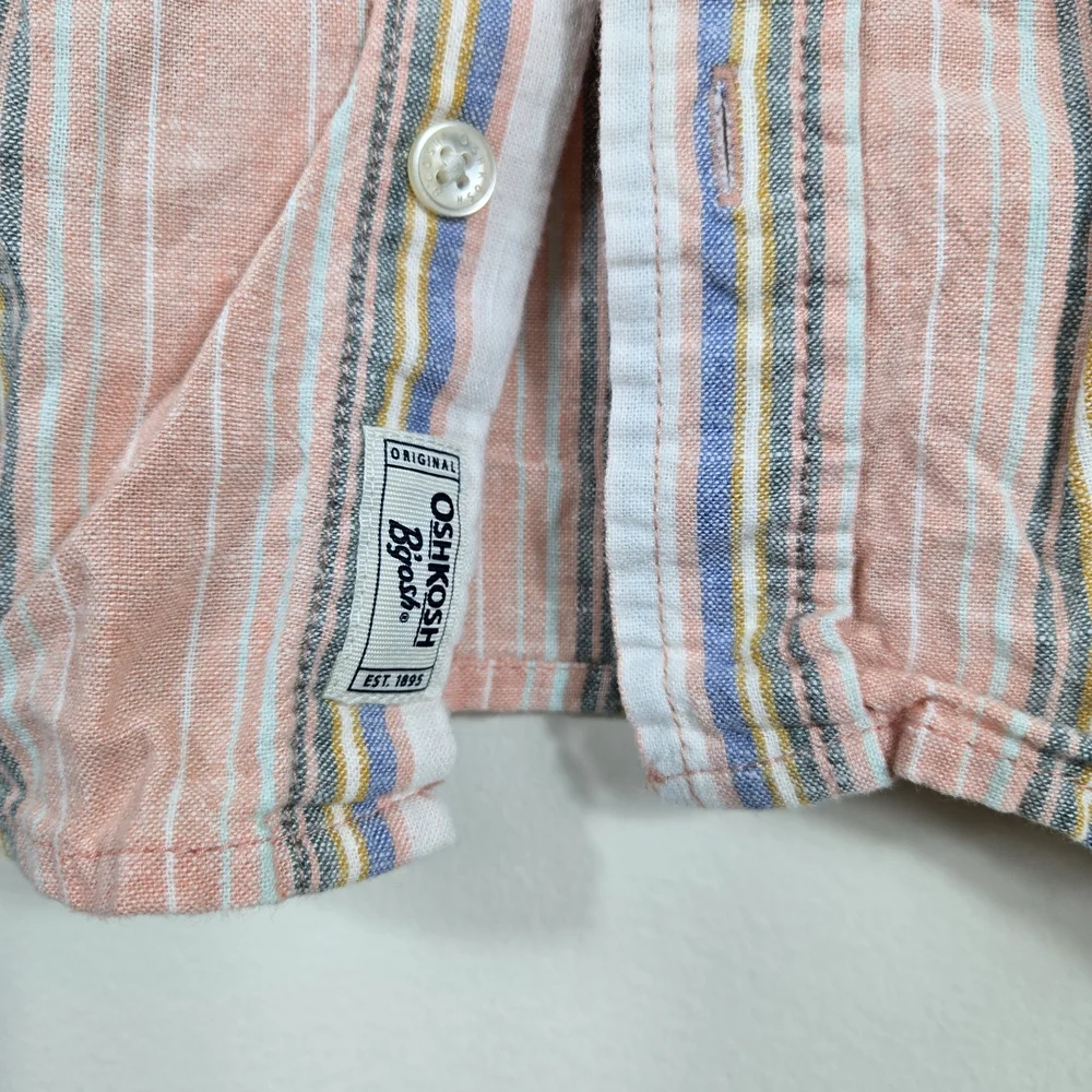 OshKosh Boys Pink Preppy Short Sleeve Striped Textured Button Shirt 6/6A‎ Summer